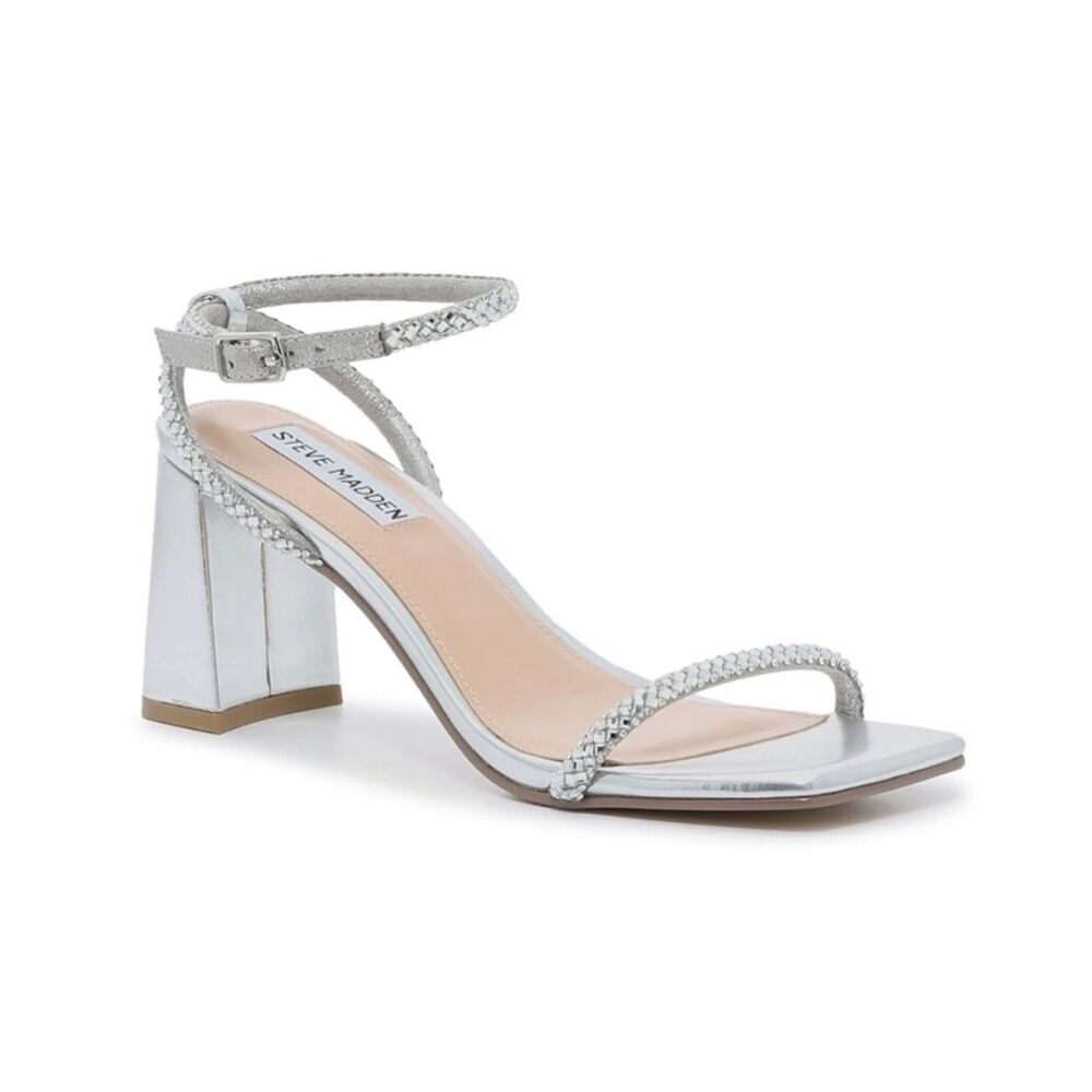 Steve Madden Hurrah Dress Sandals Silver Strappy Heels Crystal Embellishment 8 - Picture 1 of 12